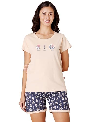 BODYCARE Women's Cotton Printed T-Shirt and Shorts Set | Soft & Breathable Nightwear | Short Sleeves | Loungewear Co-Ord Set | BSSS17036_100 Multicolour