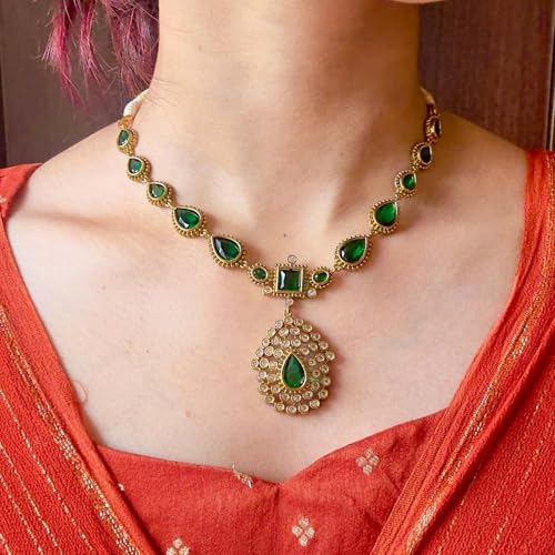 ZYRA JEWELS Celebrity Inspired Emerald Green AD Necklace Set | Gold Plated Kundan Style Traditional Designer Jewellery with Earrings for Women and Girls