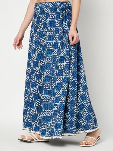 studio rasa Women's Cotton Printed Embellished Bias Skirt for Wedding Festive Party (SKTC52406_Blue_Medium)
