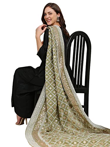 DUPATTA BAZAAR Women's Olive Green Georgette Lucknowi Work dupatta with Gotta Patti Work