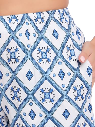 Clovia Women's Rayon Printed Top & Shorts Set (LS0533C18_White,Blue_XL)