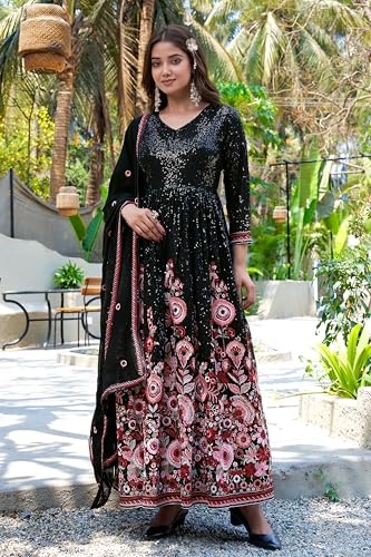 Miss Ethnik Women's Black Faux Georgette Stitched Gown with Embroidered Dupatta Full Sleeve Embroidered A-Line Gown (ME-1304-Black-XL)
