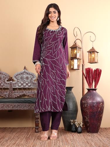 Varanga Women Purple Hand Embroidered French Knot Kurta With Tonal Bottom And Embroidered Dupatta.