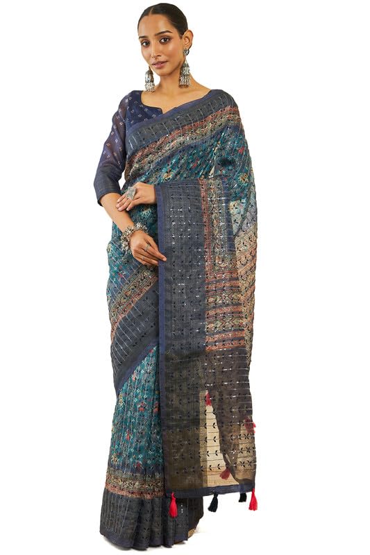 Soch Womens Teal Organza Pochampally Saree With Sequins