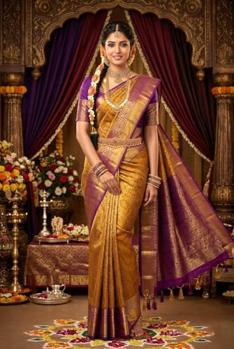 VFCollections Women's Traditional Handloom Kanchipuram Silk Pure Pattu Sarees | Rich Zari Woven Design | Unstitched Blouse (VFC297-2)