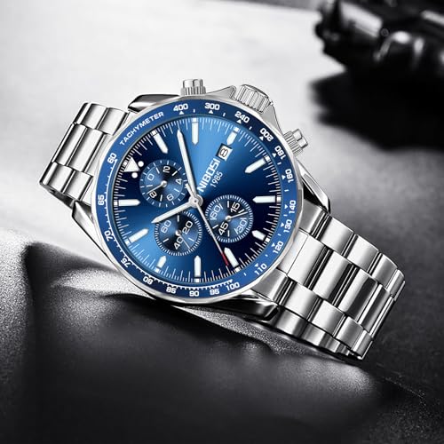 NIBOSI Chronograph Quartz Premium Classic Wrist Watches for Men, Formal Stainless Steel Metal Chain Men’s Watch with Date and Luminous Function Gift for Men (Silver-Blue)