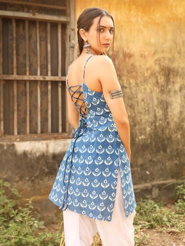 Nishorama Maahi Sleeveless Corset Back Kurti, Cobalt Blue with Block Print, Square Neckline (in, Alpha, M, Blue)