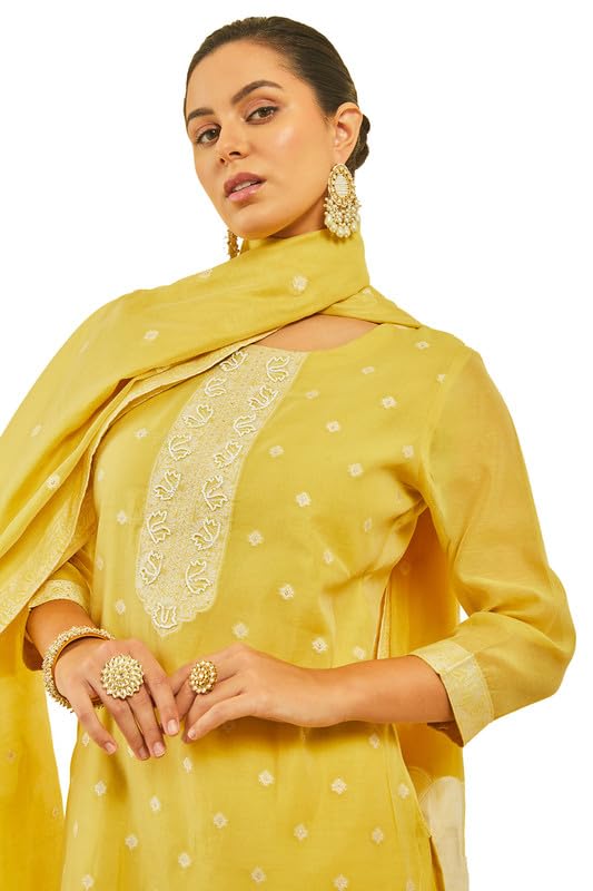 Soch Womens Yellow Chanderi Woven Design Suit Set