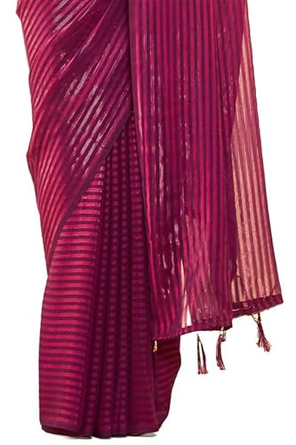 Soch Womens Wine Chiffon Striped Saree With Tassels(8907175513576)