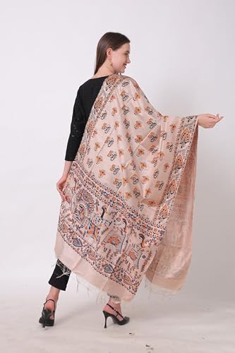 DESI PALETTE Stylish Hand Block Madhubani Printed Tussar Muga Silk Dupatta for Womens & Girls | Lightweight & Comfotable Traditional Dupatta (Golden Blue Orange_2.4 Meters)