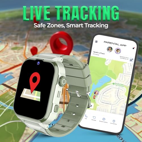 PunnkFunnk Safeguard 5G/4G Kids Smart Watch with SIM Calling, GPS Tracker, Video Call, SOS Alerts, Face Unlock, Games, IP67, 800mAh Battery, Voice Chat, Maps(Olive Green)