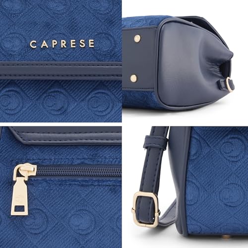 Caprese Katherine Medium Monogram Velvet Sling Bag for Women | Elegant Multi-Compartment Crossbody & Shoulder Bag with Adjustable Strap | Perfect for Party & Travel (Midnight Blue)