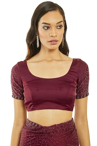 Soch Womens Maroon Crepe All-Over Stone Embellished Saree