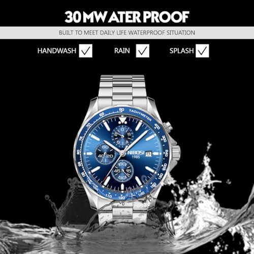 NIBOSI Chronograph Quartz Premium Classic Wrist Watches for Men, Formal Stainless Steel Metal Chain Men’s Watch with Date and Luminous Function Gift for Men (Silver-Blue)