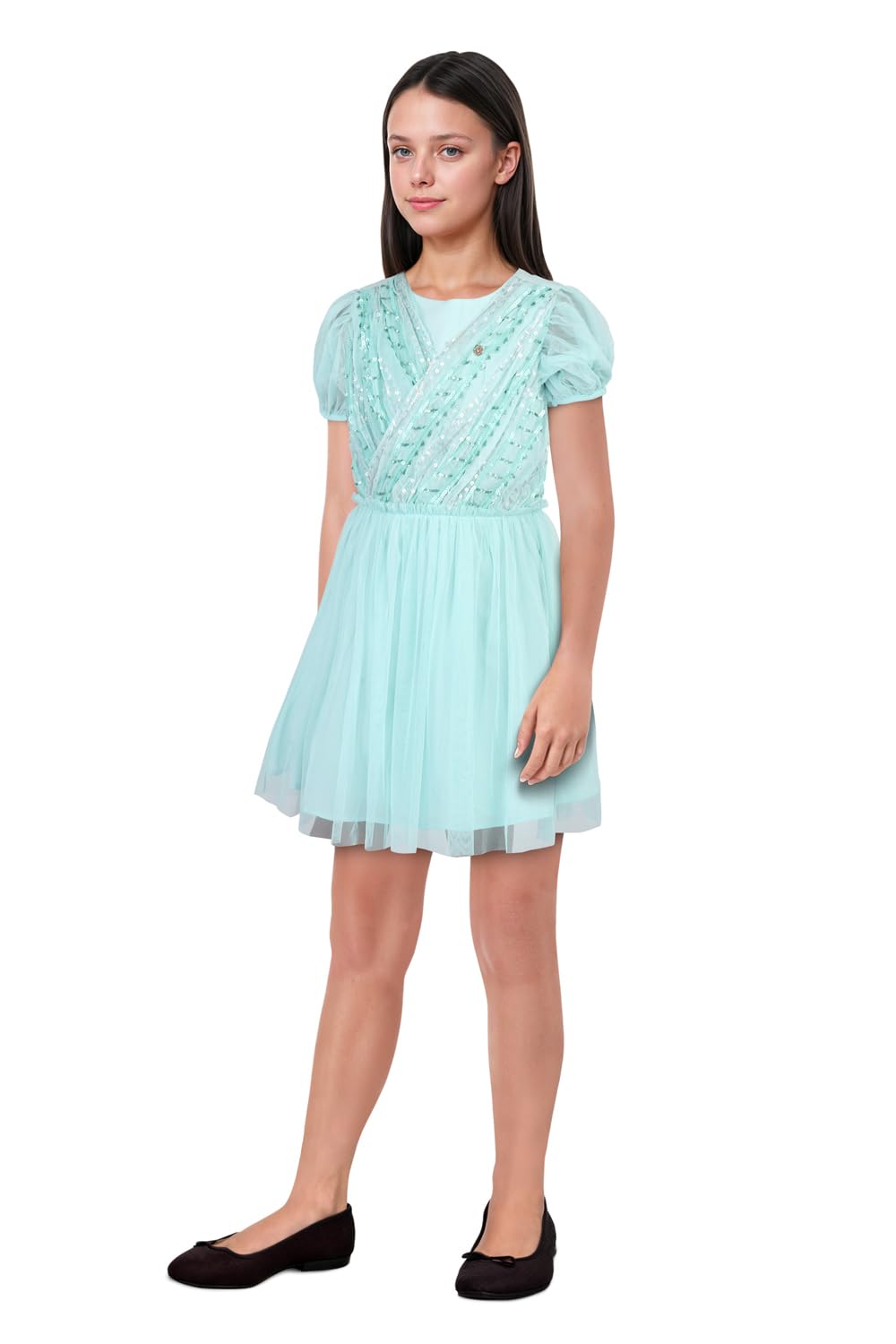 Allen Solly Girl's Synthetic A-Line Knee-Length Dress (AGDRERGFM68839_Medium Blue_13 Years-14 Years)