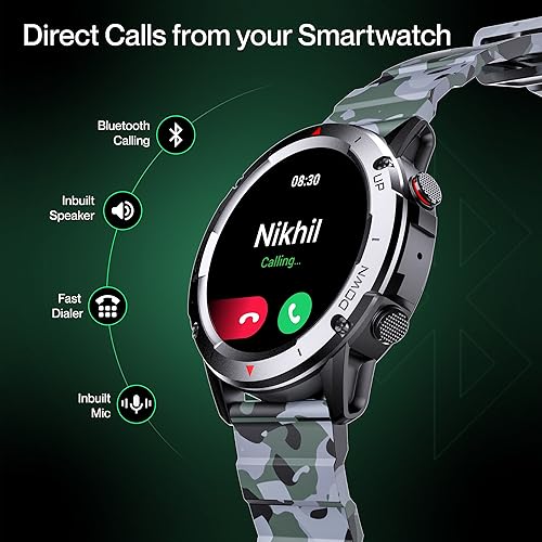 Ambrane 1.39" LucidDisplay Bluetooth Calling Smart Watch, Rugged & Sporty, 500 NITS, Premium Metal case, 100+ Sports Mode with IP68, Sp02 Tracking, 100+ Watch Faces (Crest, Camo Green)