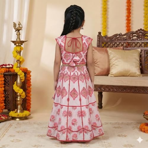 Q-one Store Girls Rayon Lehenga Choli Set with Inner Cape | Lacework Floral Printed Kids Ethnic Wear | Traditional Indian Outfit for Girls (2–10 Years) (2-3 Years)