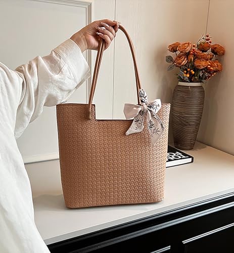 SIBY Checkered Design Top Handle Shoulder Bags for Women's with Bow Ribbon (Khaki)