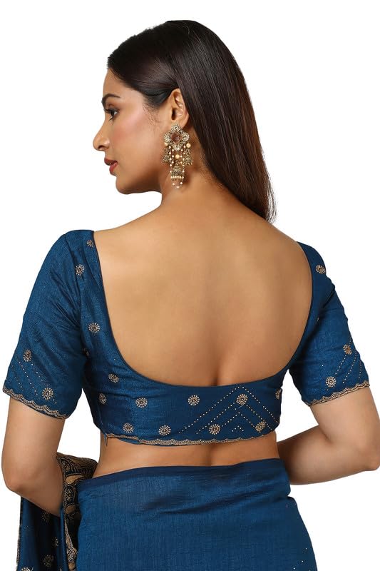 Soch Womens Teal Tussar Embroidered Saree With Stone Work