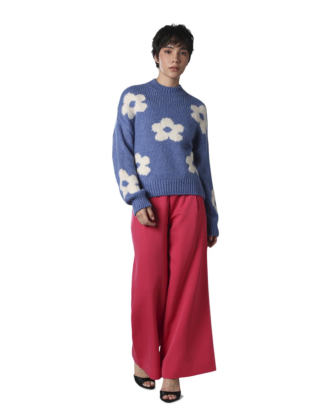 ONLY Jdykilian Flower Floral Self Design Pullover with Fuzzy Detail