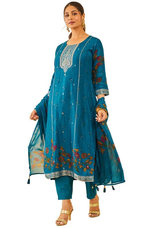 Soch Womens Blue Floral Print Brocade Suit Set with Dupatta