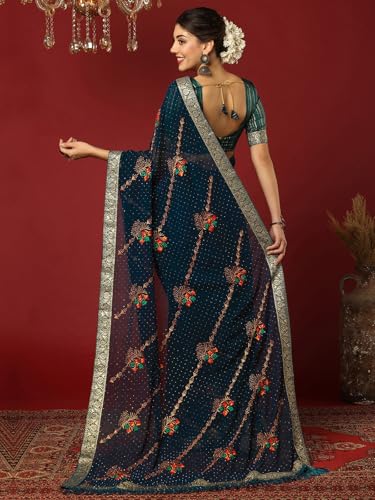 Satrani Women's Georgette Stone Work Embroidery Saree with Unstitched Blouse Piece (4396S3137N_Rama Blue)