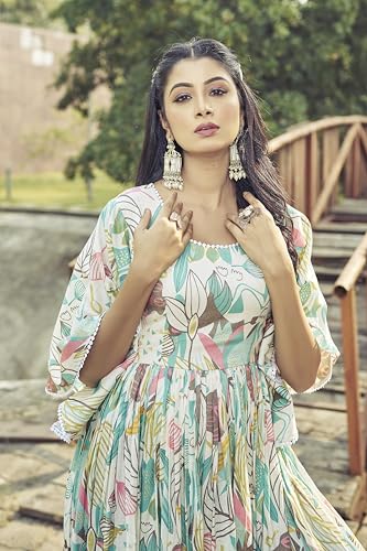Samprag Rayon Gown for Women | Full Length | Printed | Fit & Flare | Flared & Bell Sleeves | Round Neck | Ethenic Dress | Ideal for Casual, Wedding & Party Occassions | Off-White & Pink | XL