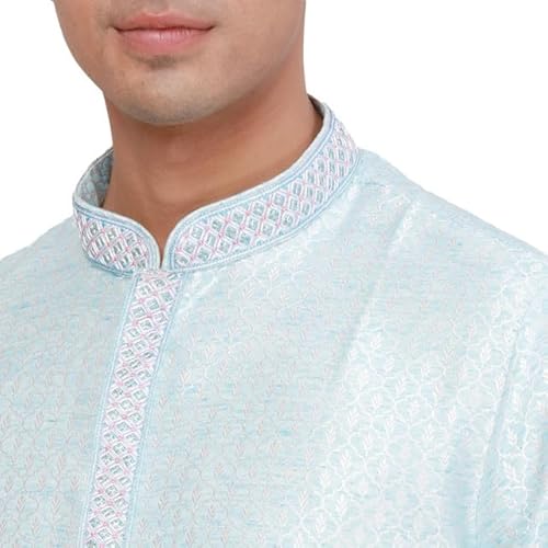 Ethnix Men's Regular Fit Jacquard Pattern Polyester Blend Long Sleeve Traditional Kurta Blue