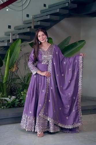 Women Most Beautiful Shimmer Silk Gown with Dupatta Long Dress, Latest Silk Long Anarkali Gown Set for Girls and Woman (in, Alpha, XL, Regular, Woman, Purple)