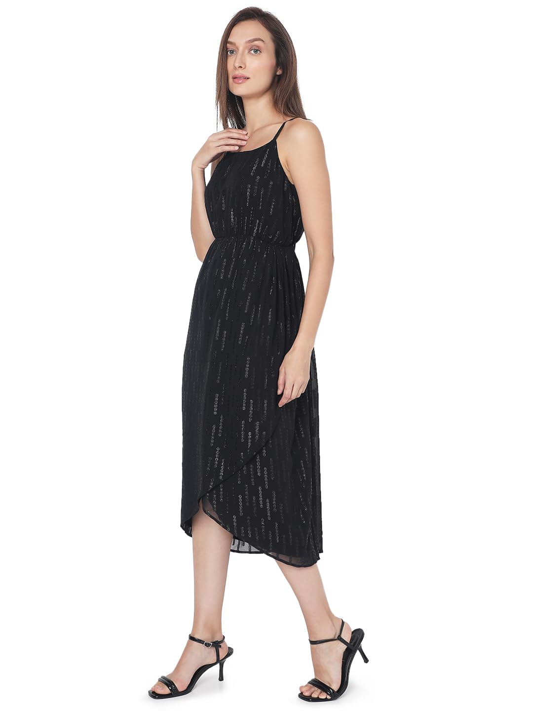 VERO MODA Women's Polyester Fit and Flare Midi Dress (10306323-Jet Black_Jet