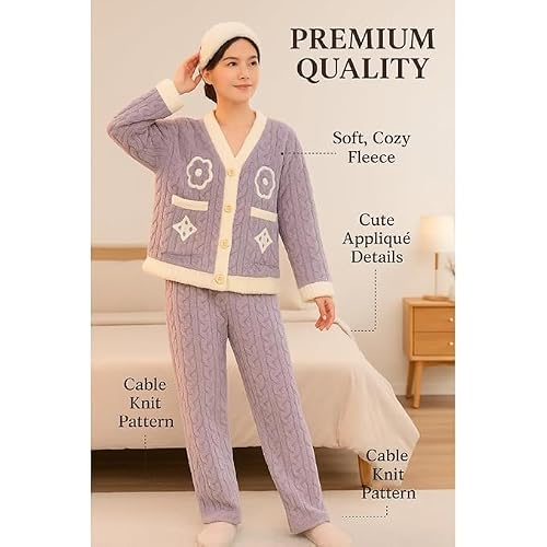 Cigain Women’s Super Soft Fleece Pajama Set – Warm Winter Loungewear Two-Piece Set (Plus Size, Purple, Medium)