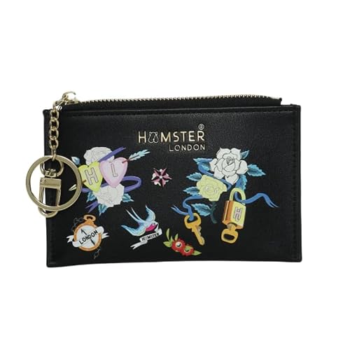 Hamster London Women Leather Millionaire Victoria Card Case with Zip-Black