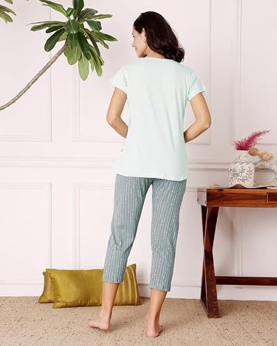 BODYCARE Women's Cotton Printed T-Shirt and Capri Set | Soft & Breathable Nightwear | Short Sleeves | Loungewear Co-Ord Set| BSCS16043_100 Multicolour