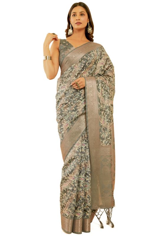 Soch Womens Charcoal Ethnic Motifs Print Jacquard Chanderi Saree