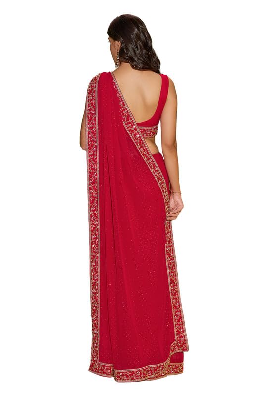 Soch Womens Fuchsia Georgette Saree With Stone Work
