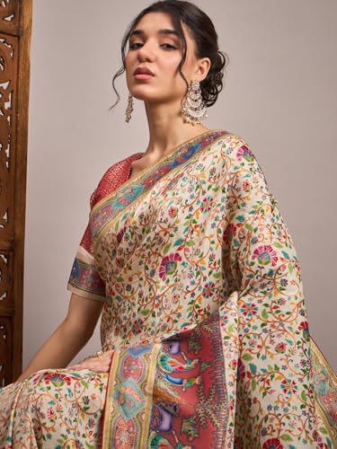 AKHILAM Women's Cream Viscose Silk Ethnic Motif Printed Saree With Unstitched Blouse Piece (MSTANI159B_HS)