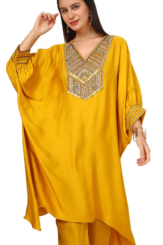 Soch Womens Mustard Viscose Crepe Kaftan Suit With Mirror Work