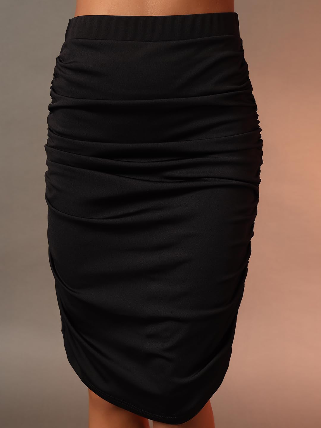Trend Arrest.ed Women's Ruched Bodycon Pencil Skirt – High Waist, Stretchable Fit, Above Knee Length Black