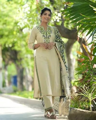 Kurthnic Women South Cotton Embroidered Kurta with Pant & Dupatta Green 4XL