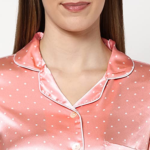 Sweet Dreams Women Satin Polka Dots 3/4th Sleeve Shirt & Pyjama Set-Peach-M