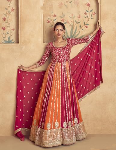 Shampysky Women's Pink Chinon Stitched Gown With Dupatta 3/4 Sleeve Embroidered Anarkali Gown (SSW-1231-Pink-4XL)