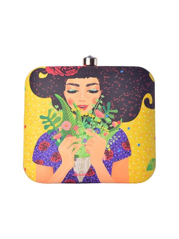 Artklim Fancy Floral Princess Printed Clutch On Bright Yellow Background