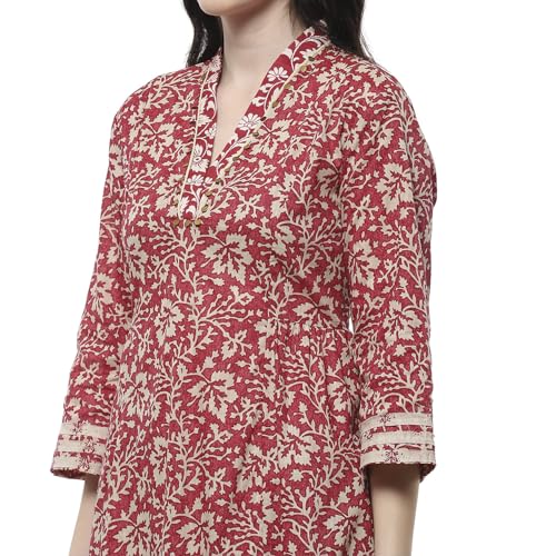 Biba Women Red Cotton Printed Gathered Suit Set_46