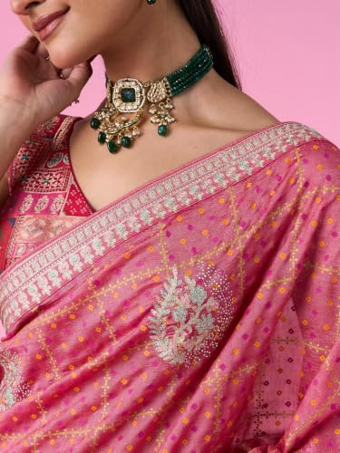 MOHEY Women's Art Silk Printed, Stone Work & Thread Work Saree with Blouse Piece (Pink)