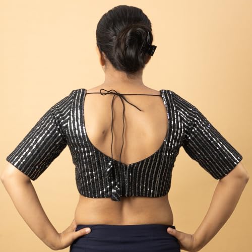Women's Sequin Embroidered V Neck Elbow Half Sleeve Readymade Saree Blouse Indian Ethnic Designer Stitched Plus Size Top Padded Lavender Pink Blue Silver Black Gold Red Green | E1 (Black, 46)