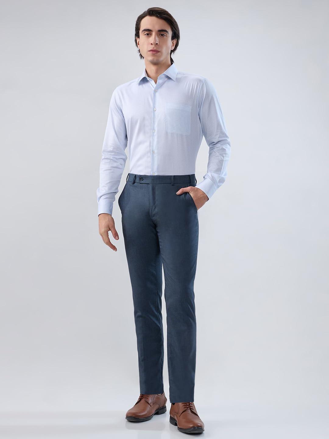 Raymond Men’s Slim Fit Formal Trousers, Polyester Blend, Flat Front, Checked Design, Office Wear | Dark Blue