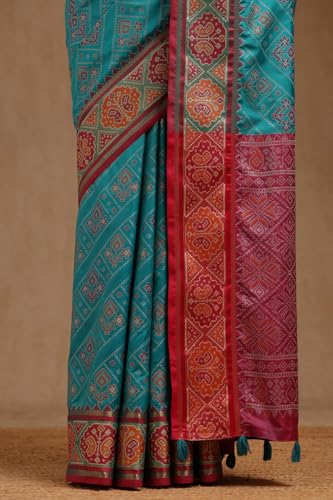 Soch Womens Turquoise Blue Silk Blend Woven Design Saree With Thread Work
