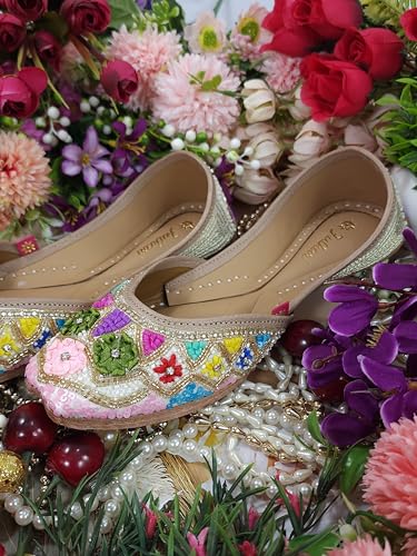 Fulkari Women Flowers Beige Gold Multi Formal Genuine Soft Leather Jutis | Bite and Pinch Free Juttis | Punjabi Jutti | Girl's Wedding Flat Ladies Mojari Ethnic Juti | 40
