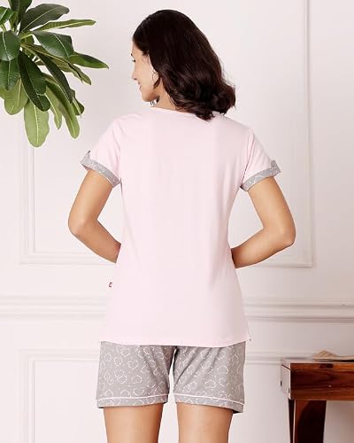 BODYCARE Women's Cotton Printed T-Shirt and Shorts Set | Soft & Breathable Nightwear | Short Sleeves | Loungewear Co-Ord Set | BSSS17034_100 Multicolour