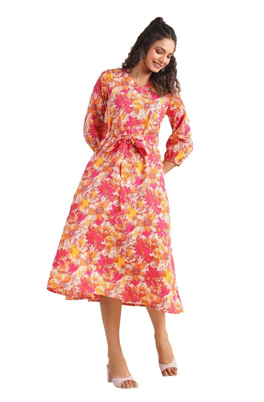 Janasya Women's Multicolour Cotton Floral A-Line Dress(JAA24DR00104-L)